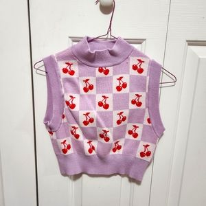 Purple Checkered Cherry Cropped Sweater Vest